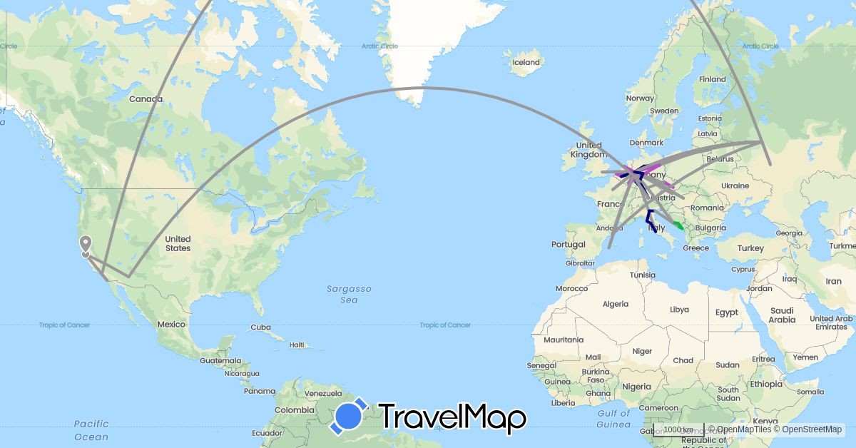 TravelMap itinerary: driving, bus, plane, train in Austria, Bosnia and Herzegovina, Belgium, Czech Republic, Germany, Spain, France, United Kingdom, Croatia, Hungary, Italy, Lithuania, Luxembourg, Montenegro, Netherlands, Russia, United States (Europe, North America)